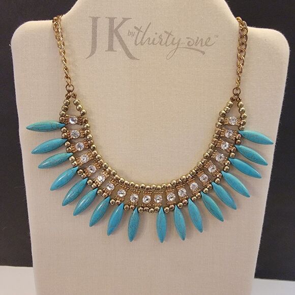 Howlite (Faux Turquoise) and Goldtone With Rhinestone Bib Statement Necklace - Picture 2 of 7